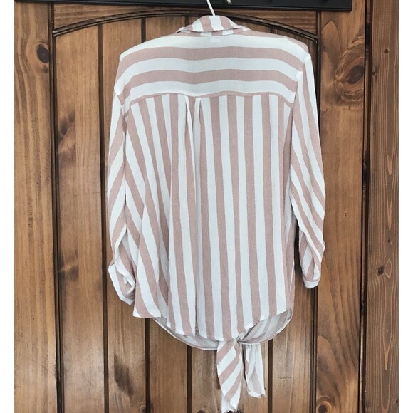 Vixbe Womens Top XL Roll Tab Sleeve Button Up Striped Rayon Coastal Beachy - Picture 2 of 10